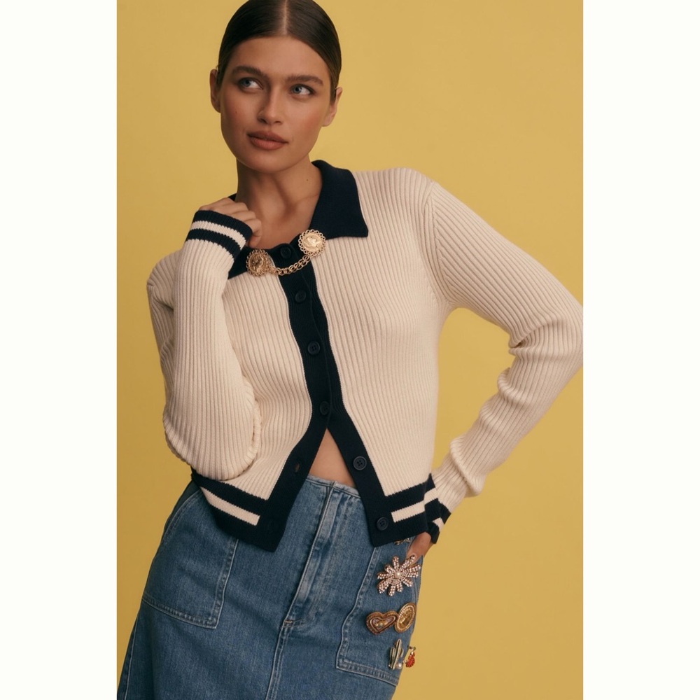 New Central Park West Colorblock Polo Cardigan Sweater